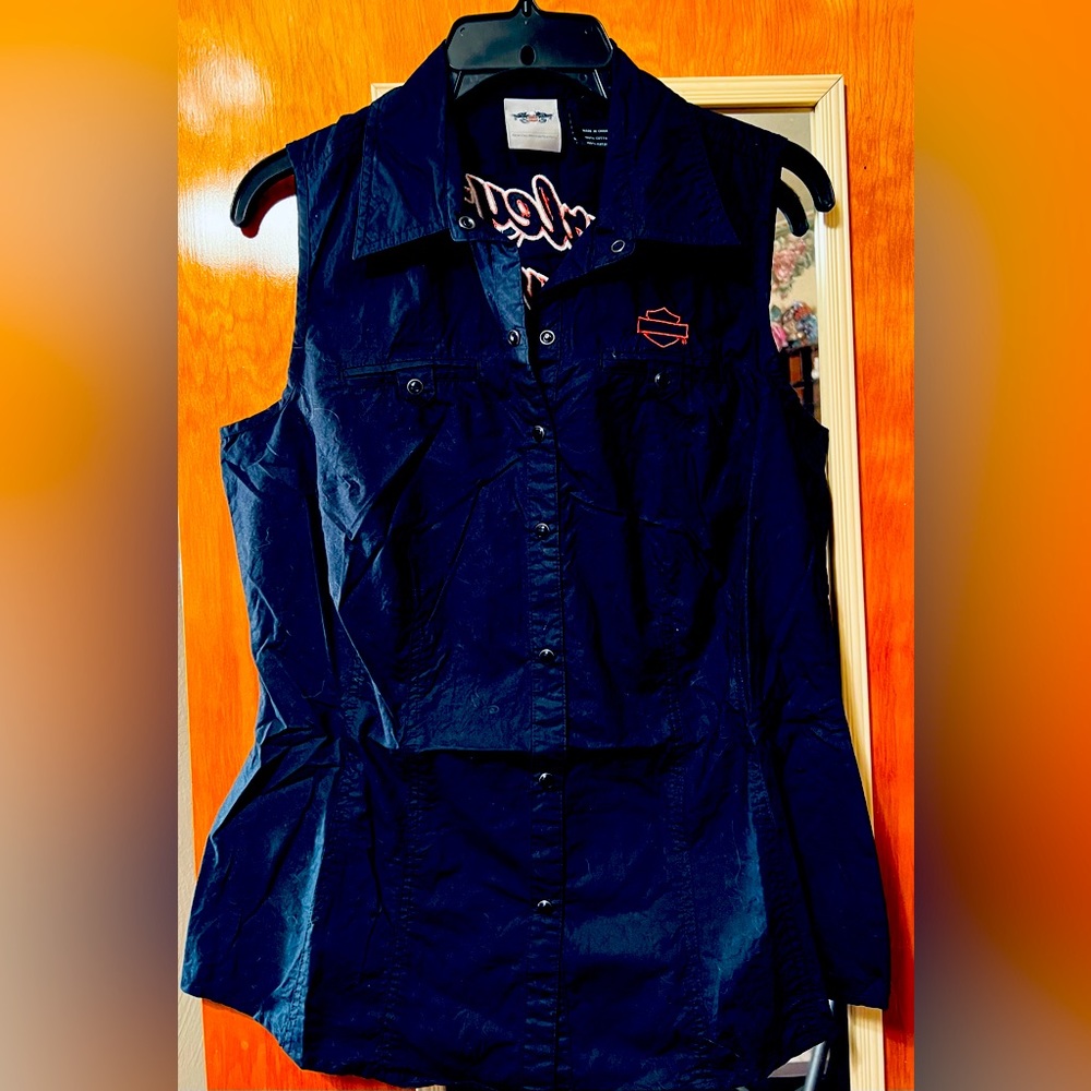 Harley Davidson sleeveless; front snap down blouse with embroidering